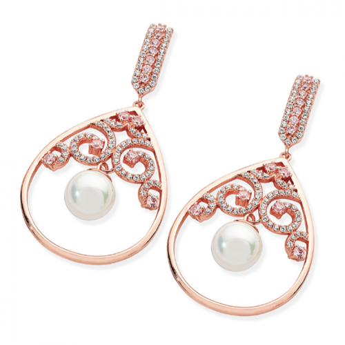 Tipperary Crystal Rose Gold Ornate Swirl Pearl Drop Earrings